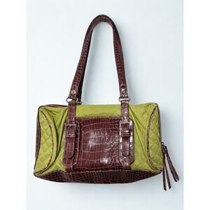 Vtg Y2K Liz Claiborne Green Quilted Faux Croc Leather Satchel Bag